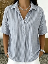 baratos Blusas listradas e geométricas-Mulheres Camisa Social Botões Imprimir Gráfico Geométrica Listrado Vintage Diário à moda Manga Curta Aberto para a Lateral Tops longos Casual Diário Feriado Azul Rosa Cinzento Verão Primavera