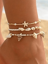 billiga Damarmband-dam bohemiskt snäcksjöstjärne fotlänk i 3 delar, stretchiga strandfotsmycken i snäckskalsharts för semester vid havet, sommarresor, vardagskläder