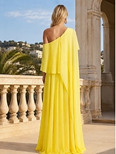 cheap Long Dresses &amp; Gowns-A-Line Floor Length Prom Dresses Elegant Sleeveless One Shoulder Formal Wedding Guest Stretch Chiffon with Ruffles Slit