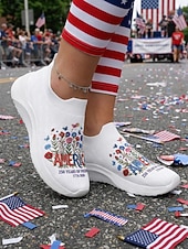  hvite slip-on-sneakers med patriotisk bukett til dame – lette, blomsterprintede tursko til uavhengighetsdagen, parade og sommerfestivaler &uformelt streetwear