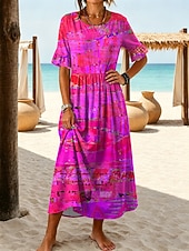 economico Arte &amp; Design Abiti-Per donna Abito Midi Vestito Casual Abito a trapezio Elegante Vacanza Spiaggia Ferie Vestibilità regolare Grafico Geometrico Mezza Manica Girocollo Blu Viola Arancione Verde Estate Primavera