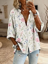 economico Bluse Floreali-Per donna Camicia Bottoni Stampato Floreale Grafico Vintage Quotidiano Elegante Manica Lunga Girocollo Top Regolari Casuale Quotidiano Blu Bianco Verde Estate Primavera