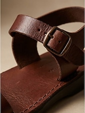 economico Sandali Piani-Sandali piatti da donna in pelle marrone con cinturino regolabile alla caviglia - classici sandali estivi con doppia fibbia per passeggiate e viaggi informali