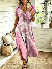  Women's Midi Dress A Line Dress Casual Loose Fit Floral Abstract Short Sleeve V Neck Blue Yellow Pink Dusty Blue Summer Spring