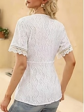  Mulheres Blusa Textura Elegant Elegante Boêmia Vintage Manga Curta Decote V Tops curtos Casual Diário Para Noite Damasco rosa Preto Branco Rosa Roxo Verão Primavera