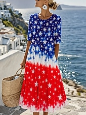 cheap Independence Day Dress-American Independence Day Women's Midi Dress A Line Dress Vacation Casual Holiday Regular Fit Graphic Flag Half Sleeve Crew Neck Blue White Dark Red Red Summer Spring