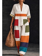 economico Abiti da donna con camicetta-Per donna Camicia Set di biancheria in cotone Set di Pantaloni Manica Corta Scollo a V Floreale Grafico Geometrico Stampato Vacanza Moda Streetwear Casuale Quotidiano All'aperto Verde Arcobaleno
