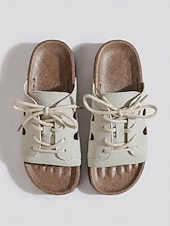 economico Infradito scivolosi-Sandali da donna beige regolabili con lacci – ciabatte a punta aperta con pianta larga e plantare sagomato, scarpe estive casual per piedi piatti &amp;piedi gonfi, comfort per tutto il giorno, viaggio