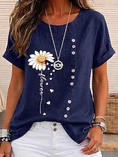 baratos Blusas Florais-Mulheres Blusa Botões Imprimir Floral Gráfico Vintage Tropical à moda Manga Curta Tops curtos Casual Feriado Azul Azul Marinha Laranja Verde Verão Primavera