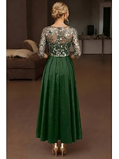 abordables Robes de cocktail-A-Line Ankle Length Tea Length Cocktail Dresses Elegant Sparkle Half Sleeve Boat Neck Wedding Cocktail Party Taffeta Stretch Satin with Lace Pleats Sequin