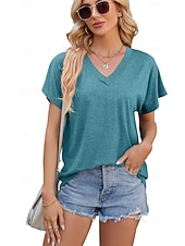 cheap Plain tee-Women's T Shirt Tee Top Solid Color Elegant Fashion Short Sleeve Raglan Sleeves V Neck Regular Tops Casual Daily Summer claret Cailan Black White Navy Blue Summer