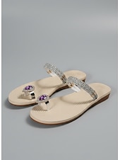 cheap Slide Sandals-Women's Rhinestone Embellished Thong Sandals with Blue Gemstone Detail – Elegant Sandals for Summer, Beach, and Formal Occasions