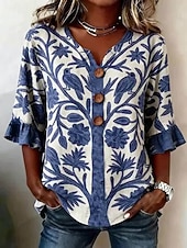 economico Bluse a righe e geometriche-Per donna Camicia Camicia Boho Camicia casual Grafico A righe Elegante Bohemien Attivo Manica 3/4 Scollo a V Top lunghi Casuale Bianco e blu nero+bianco+verde Blu scuro Azzurro Estate Primavera