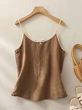  Per donna Gilet in cotone e lino Ricamato Tinta unica Semplice Vintage Senza Maniche Scollo Tondo Top corti Marrone caffè Colore naturale di canapa Blu marino Albicocca Estate Primavera
