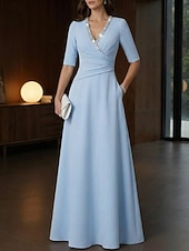 economico Abiti da Sera a Linea A-Linea ad A Lunghezza al pavimento Abito da Sera Elegante Abito da sera stile impero Mezza Manica Scollo a V Matrimonio Formale Tasca Tessuto Elasticizzato con Pieghe Cristalli Perline