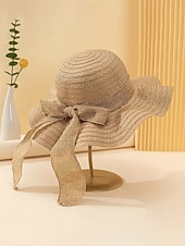 abordables Chapeaux pour femmes-Chapeau de soleil bohème en paille pour femme, chapeau de plage pliable multicolore avec nœud papillon, chapeau à larges bords portable pour une tenue décontractée