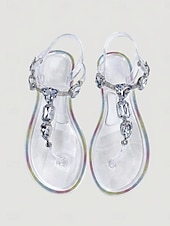cheap Flat Sandals-Women's Clear Jelly Sandals with Sparkling Rhinestones - Elegant T-Strap Flat Sandals for Beach Vacations, Summer Weddings &amp; Tropical Resort Wear