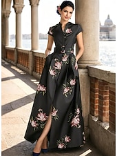  A-Line Floor Length Wedding Guest Dress Formal Dresses Flare Dress Mother of the Bride Dress Short Sleeve V Neck High Split Mother Of The Bride Formal Wedding Guest Satin with Floral Print Slit Pocket