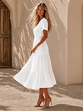  Mujer Vestido Midi Vestido de una línea Vestido de verano Vacaciones Fiesta Cumpleaños Diario Ajuste regular Plano Manga Corta Escote en Pico Azul Piscina Negro Blanco Rosa Verano Primavera