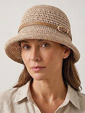 baratos Chapéus Femininos-Chapéu bucket feminino em poliéster trançado com cinto de couro, chapéu de sol leve para o verão, ideal para férias, praia, uso casual ao ar livre e dia a dia.
