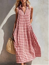 economico Abiti a Strisce e Geometrici-Per donna Abito maxi Abito Boho Vintage Vacanza Vestibilità comoda Plaid Senza Maniche Colletto a Camicia Blu chiaro Giallo Verde chiaro Rosso Estate