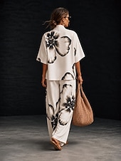 cheap Women's Blouse Suits-Women's Shirt Cotton Linen Sets Pants Sets Short Sleeve Half Sleeve V Neck Floral Graphic Geometric Print Vacation Fashion Streetwear Casual Daily Outdoor Black White Ivory Spring &amp; Summer Loose Fit