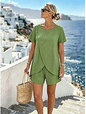 abordables Ensembles chemisiers pour femmes-Ensemble t-shirt et pantalon femme en faux coton, manches courtes, col rond, couleur unie, style streetwear, idéal pour les sorties quotidiennes, les vacances en plein air, jaune amande, vert clair,