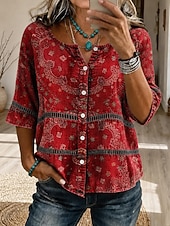 economico Bluse Floreali-Carnevale Per donna Camicia Top traforato Camicia Boho Camicia di Pizzo Elegante Bohemien Attivo Manica 3/4 Girocollo Top lunghi Casuale Blu Rosso Marrone Verde Estate Primavera