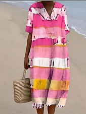 economico Abiti a Strisce e Geometrici-Per donna Abito Midi Vestito Estivo Abito a trapezio Vacanza Casual Spiaggia Spiaggia Feste Vestibilità comoda Grafico Geometrico Manica Corta Scollo a V Rosa Arancione Arcobaleno Estate Primavera