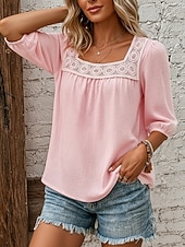  Women's Linen-feel Shirts Blouse Lace Trim Solid Color Daily Stylish Basic 3/4 Length Sleeve Square Neck Regular Tops Casual Daily Blue White Pink Navy Blue Green Summer Spring Fall