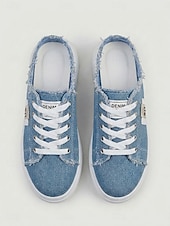 abordables Baskets femme-Mules compensées en denim bleu pour femme - chaussures à lacets à bords effilochés et semelle blanche, confortables et décontractées, idéales pour les voyages d'été et la marche. &amp;vêtements de tous
