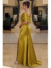 abordables Robes de soirée fourreau-Sirène Trompette Longueur au sol Robes de Bal Robe de Soirée Tenue de soirée Élégant Style Célébrité Tapis rouge Sans manches Épaules Dénudées Soirée Fête de jardin Satin avec Froncé Fente