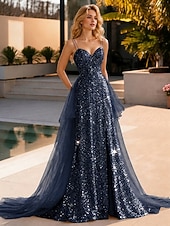 cheap Long Dresses &amp; Gowns-A-Line Floor Length Prom Dresses Sparkle &amp; Shine Princess Sleeveless Sweetheart Wedding Guest Sweet 16 Tulle Sequined with Sequin