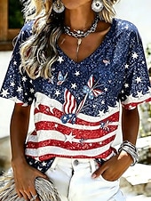  Dia da Independência Americana Mulheres Camiseta Imprimir Gráfico Bandeira americana Vintage à moda Clássico Manga Curta Decote V Tops regulares Casual Diário Azul Verão Primavera