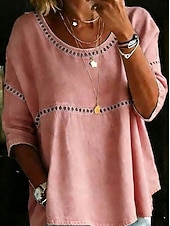 baratos Blusas Simples-Mulheres Blusa Algodão T-shirt Vazado Tecido Vintage à moda Moderno Meia Manga Gola Redonda Tops regulares Casual Diário Verão Azul Branco Rosa Azul Céu Verde Verão Primavera