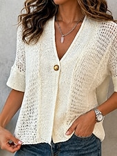 economico Bluse Semplici-Per donna Camicia Blusa Traforato Bottoni Tinta unica Semplice Vintage Elegante Casual Manica Corta Scollo a V Top Regolari Casuale Quotidiano Nero Bianco Rosa Verde Estate Primavera