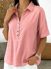 cheap Shirts-Women's Shirt Linen-feel Shirts Vintage Stylish Short Sleeve Turndown Regular Tops Daily Work Holiday Blue Black White Pink Light Brown Summer Spring