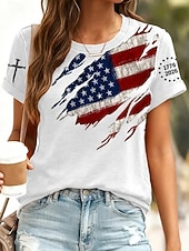  día de la independencia americana Mujer Camiseta Estampado Graphic Bandera Letra Vintage Moda Elegante Manga Corta Cuello Barco Escote Redondo Tops largos Casual Diario Fin de semana Negro Blanco
