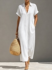  Women's Midi Dress Cotton Linen Dresses Shift Dress Basic Daily Loose Fit Plain Long Sleeve Shirt Collar Summer Spring Fall