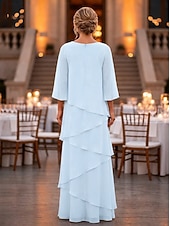 abordables Largo del piso-Funda Columna Hasta el Suelo Vestido Invitada Boda Vestido formal Vestido de noche Vestido de Madrina Manga 3/4 Cuello Barco Elegante Formal Gasa con Volantes