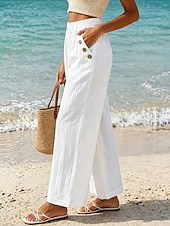 abordables Pantalones de pierna recta-Mujer Perneras anchas Chinos Corte Recto Vacaciones Moda Ropa de calle Longitud total Alta cintura Plano Bolsillo Cintura elástica Confortable Suave Cómodo Microelástico Exterior Vacaciones Calle
