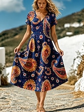 cheap Boho Dress-Women's Midi Dress Casual Dress Vacation Holiday Regular Fit Graphic Paisley Short Sleeve V Neck Blue Pink Summer Spring