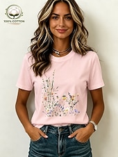 cheap Floral tee-Women's 100% Cotton T Shirt Print Floral Graphic Vintage Stylish Casual Short Sleeve Crew Neck Regular Tops Casual Daily Weekend Light Beige Black White Pink Summer Spring