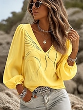 abordables Arte &amp; Diseño Blusas-Mujer Camisa camisa boho Graphic Abstracto Elegante Bohemia Vacaciones Manga Larga Escote en Pico Tops regulares Casual Diario Festivos Azul Piscina Amarillo Verde Claro Rosa Marrón Verano Primavera