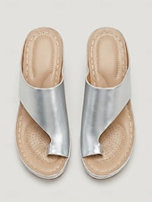 abordables Sandalias de tacón-Sandalias planas plateadas metalizadas con tacón de bloque para mujer - sandalias con puntera de aro lateral, calzado casual de verano para fiestas en el jardín y viajes. &amp;uso diario