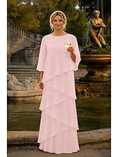 abordables Largo del piso-Funda Columna Hasta el Suelo Vestido Invitada Boda Vestido formal Vestido de noche Vestido de Madrina Manga 3/4 Cuello Barco Elegante Formal Gasa con Volantes