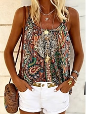 preiswerte Grafiktank-Damen Hemd Bluse Druck Grafik Geometrisch Paisley-Muster Bohemien Vintage Tropisch Ärmellos Träger Normale Oberteile Lässig Täglich Khaki Rote Dunkelgrün Purpur Braun Sommer Frühling