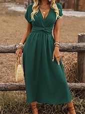 economico Vestito bianco-Per donna Abito Midi Abito a trapezio Abito Estivo Casual Quotidiano Vestibilità regolare Semplice Manica Corta Scollo a V Nero Rosso Marrone chiaro Verde scuro Estate Primavera