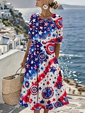 cheap Independence Day Dress-American Independence Day Women's Midi Dress A Line Dress Vacation Casual Holiday Regular Fit Graphic Flag Half Sleeve Crew Neck Blue White Dark Red Red Summer Spring