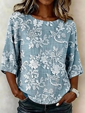 economico Bluse Floreali-Per donna Blusa Stampato Floreale Grafico Bohemien Vintage Tropicale Manica 3/4 Girocollo Top Regolari Casuale Quotidiano Abbigliamento da vacanza Blu Rosa Rosso Verde Estate Primavera Autunno Inverno